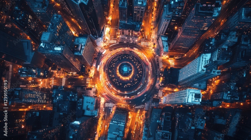 Aerial view of illuminated city skyline at night with vibrant orange and blue lights Aerial view of illuminated city skyline at night with vibrant orange and blue lights