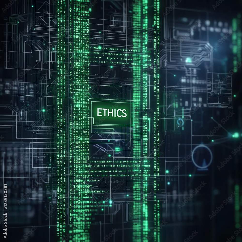Digital data streams highlighting the concept of ethics in technology and information management. Digital data streams highlighting the concept of ethics in technology and information management.