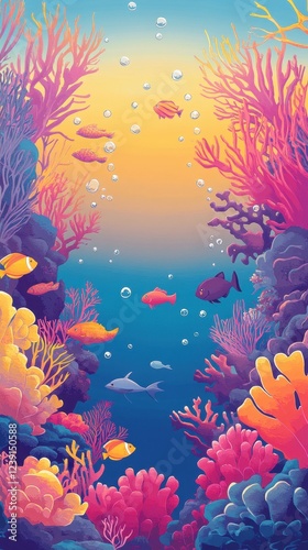 Vibrant Coral Reef Scene With Colorful Fish Swimming