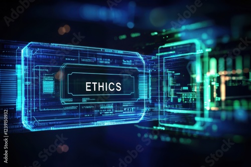 Digital representation of the concept of ethics in technology with glowing graphics.