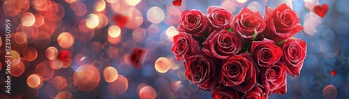 Red Roses Heart Shape With Abstract Defocused Lights - Valentines Day Card. MZ