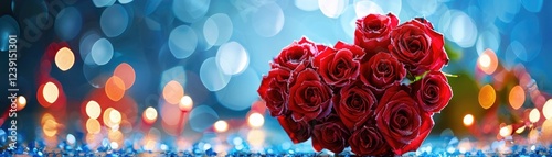 Red Roses Heart Shape With Abstract Defocused Lights - Valentines Day Card. MZ