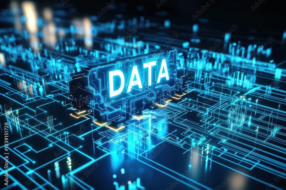 Fototapeta premium Futuristic digital representation of data with glowing circuitry elements.