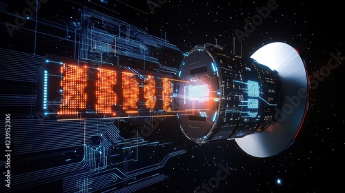 Futuristic spacecraft with glowing circuitry and data streams in a cosmic environment.