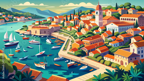 Aerial View of Hvar Town Harbour & Marina, Adriatic Coast, Croatia - Summer Landscape