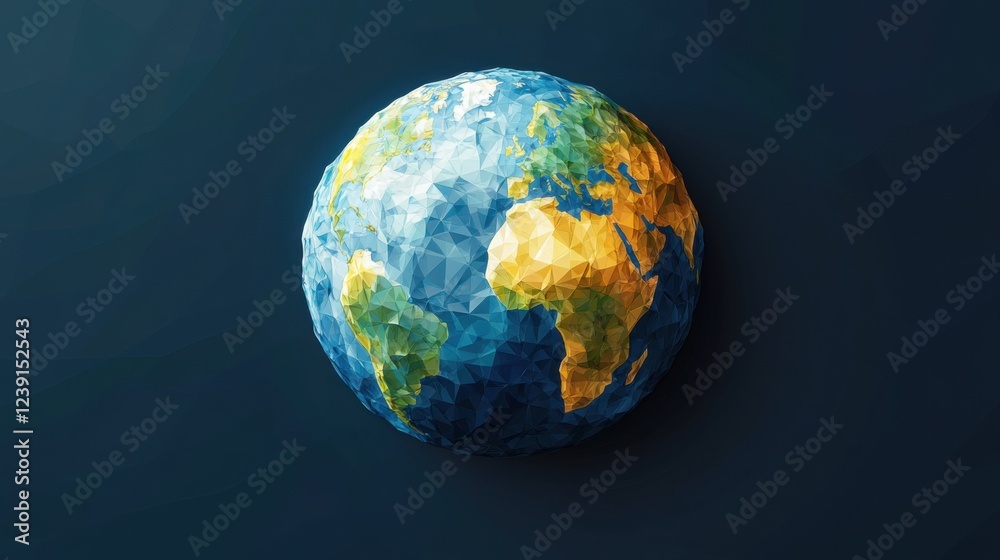 Low-poly earth model on dark background showing continents in vibrant colors Low-poly earth model on dark background showing continents in vibrant colors