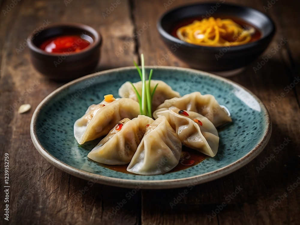 Steamed Dumplings Garnished with Green Onions and Sauce on a Wooden Table Family Meal Presentation Steamed Dumplings Garnished with Green Onions and Sauce on a Wooden Table Family Meal Presentation