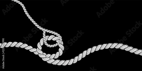 Knotted ropes eight knots realistic cords knot in vector. Nautical thread whipcord with loops and noose. Twisted, braided, folded, spiral fiber. Illustration hand drawn black graphic background