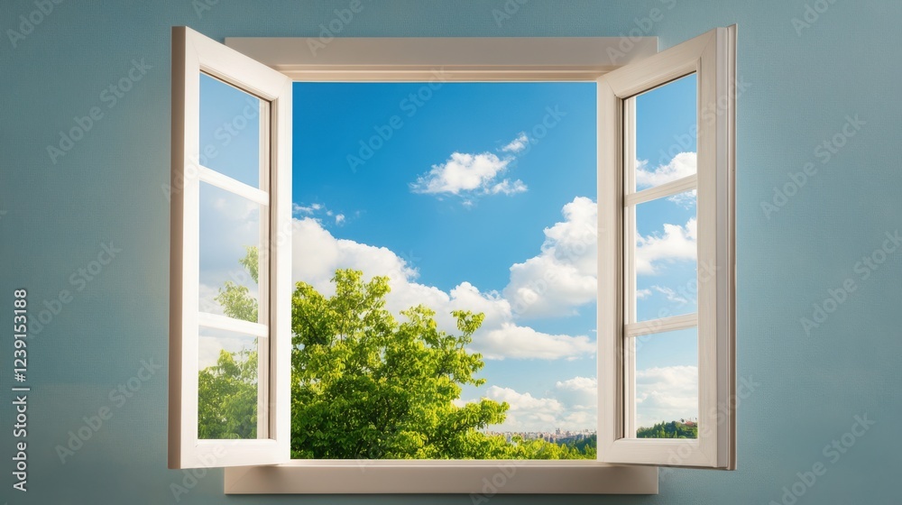 Bright Open Window with Blue Sky and Green Trees in Background Bright Open Window with Blue Sky and Green Trees in Background