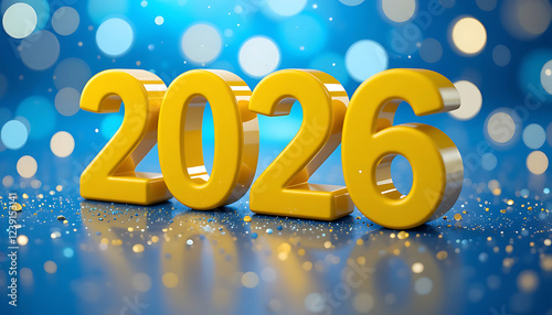 Happy New Year 2026 on blue background. yellow numbers 2026. yellow 3d 2026 text. Idea for holiday greetings, banner, social media, flyer. New Year events, and festive designs. bokeh background.