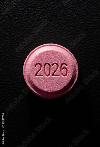 Pink Pill with 2026 Engraving on Black Background, Future of Medicine and Pharmaceuticals photo