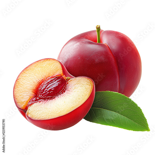 Whole fresh nectarine with a green leaf and sliced half, juicy and vibrant, isolated on black background, ideal for fruit promotions or summer product ads