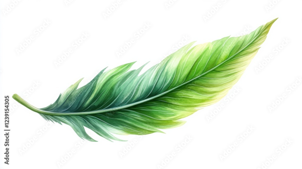 Vibrant green feather with detailed texture on white background Vibrant green feather with detailed texture on white background