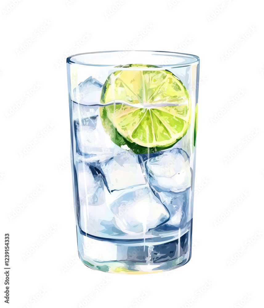 Glass of gin and tonic with ice, lime slices and garnish. Watercolor illustration of a classic cocktail on a white background. Refreshing drink art concept for design and print Glass of gin and tonic with ice, lime slices and garnish. Watercolor illustration of a classic cocktail on a white background. Refreshing drink art concept for design and print
