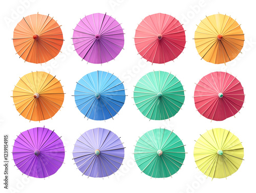 Colorful cocktail umbrellas arranged in a grid pattern, creating a vibrant and playful decorative visual, isolated on transparent background, PNG, cut out