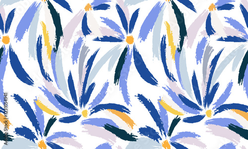 floral pattern of abstract careless brush strokes. Modern seamless pattern of blue, light, gray, pink, yellow petals on white. Print for fabric, wallpaper, bed linen, paper