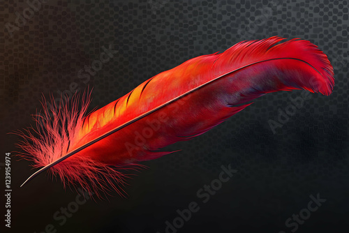 A vibrant red feather isolated on a transparent background, its fine details showcasing the elegance of natural textures.
