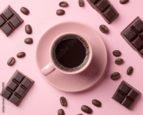 A rich, chocolatey aesthetic with a light pink coffee cup filled with cocoa, surrounded by roasted beans and a grid of chocolate squares. photo