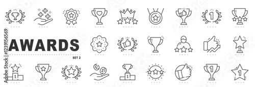 Set of award related line icons. Medal, reward, prize, trophy etc. Editable stroke. Set 2