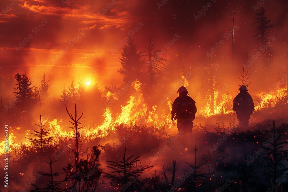 Fototapeta premium Sunset Behind Firefighters in Action