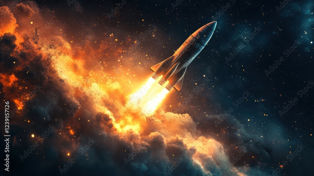 Rocket launching through fiery clouds in starry space Rocket launching through fiery clouds in starry space
