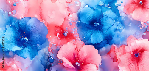 A vibrant watercolor pattern with blue and pink flowers, ideal for Valentinea??s Day or Christmas-themed banners and backgrounds.