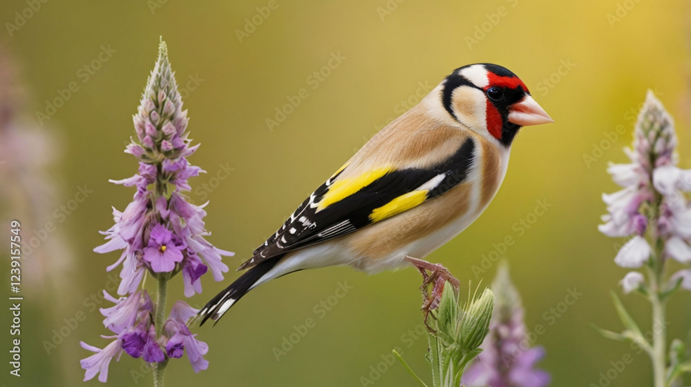 A stunning European goldfinch perched delicately on a slender wildflower stem in a serene meadow. A stunning European goldfinch perched delicately on a slender wildflower stem in a serene meadow.