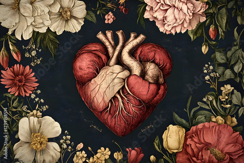A vintage-style Valentine's Day card featuring an anatomical heart illustration, surrounded by delicate flowers and intricate details.