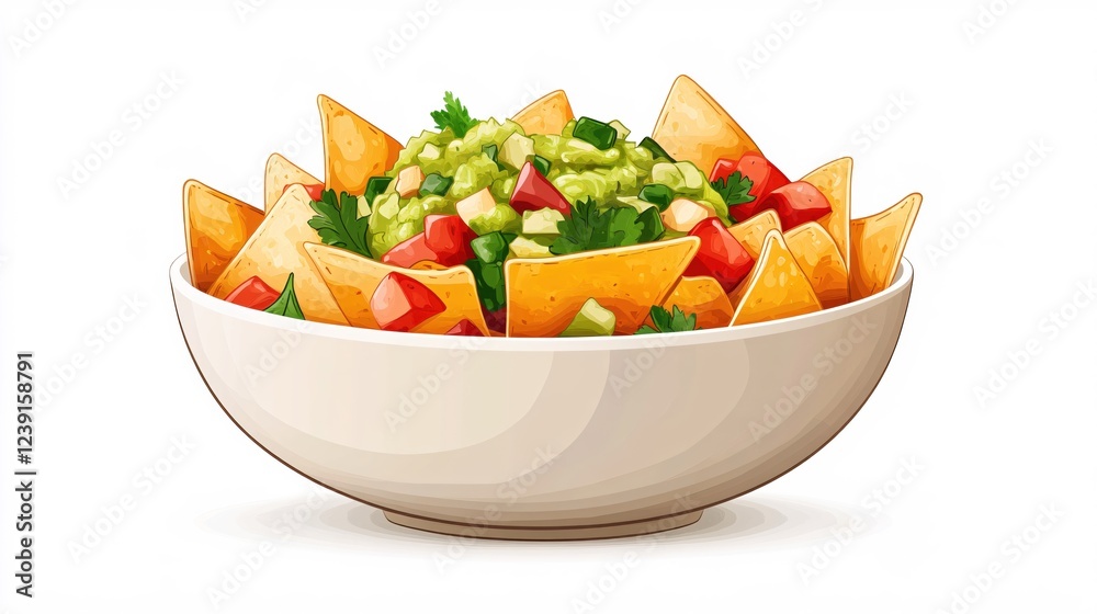 Bowl of fresh guacamole with tortilla chips and diced tomato on a clean white background Bowl of fresh guacamole with tortilla chips and diced tomato on a clean white background