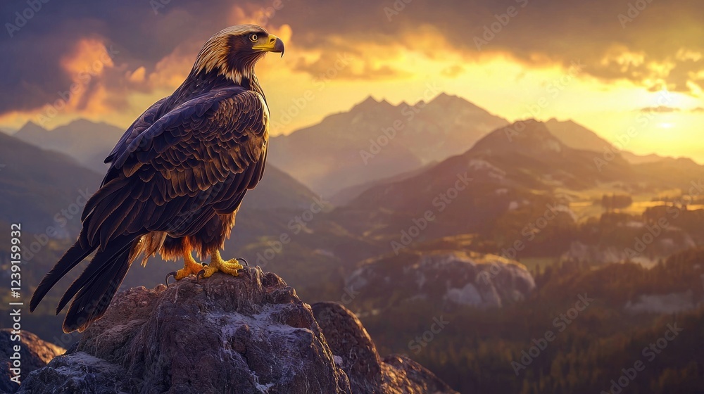 Fototapeta premium Majestic Eagle at Golden Hour, A breathtaking view of a golden eagle perched atop a rock