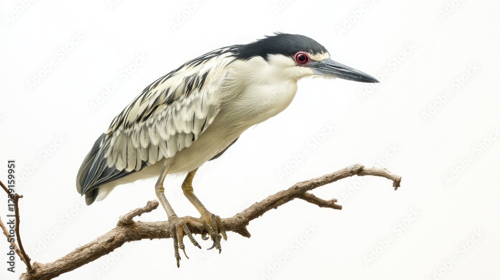 Black-crowned night heron perched on branch, white background, wildlife photography, nature Black-crowned night heron perched on branch, white background, wildlife photography, nature