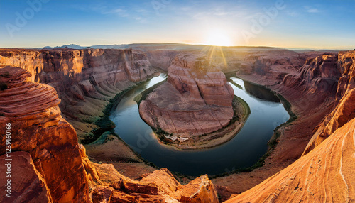scenic sundown shot of horseshoe bend canyon above colorado river