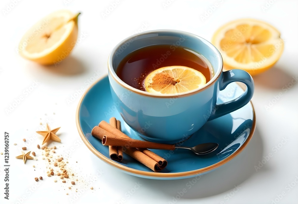 Spiced tea in a blue tea cup with a blue bowl and blue spoon, some cinnamon and star fruit arranged, white backdround Spiced tea in a blue tea cup with a blue bowl and blue spoon, some cinnamon and star fruit arranged, white backdround