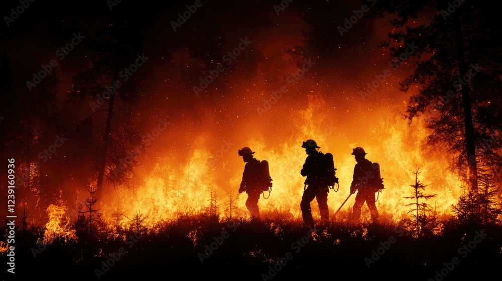 Fototapeta premium Firefighters Battling Wildfire in Dense Forest During Nighttime