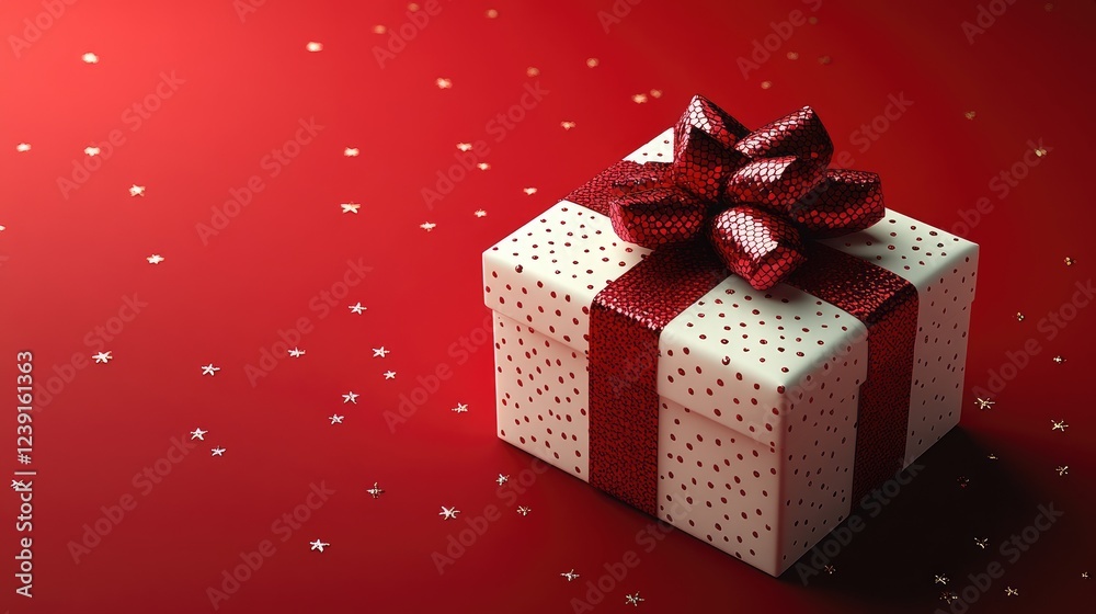 A closed gift box with a smooth, white exterior adorned with a large, A closed gift box with a smooth, white exterior adorned with a large,