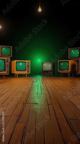 Vintage televisions in a nostalgic room setting. photo