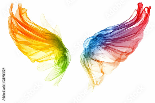 Colorful abstract rainbow wings, isolated on a white background, creating a dynamic and energetic visual of love and freedom.