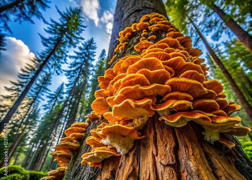 Panoramic View of Tannen-Stachelbart (Hericium alpestre) on Decaying Fir Tree