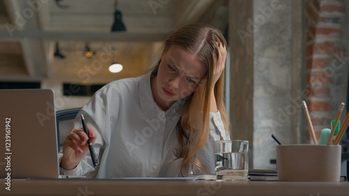 Stressed Caucasian office female worker woman student girl work reading documents writing report studying businesswoman business problem stack stats stress migraine headache overworked at workplace