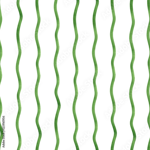 Seamless watercolor vertical green wave stripe pattern isolated background. Hand drawn curly brush stroke, simple lines ornate illustration. Spring naive ornate for kitchen textile, stationery