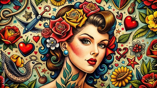 Panoramic Vintage Pin-Up Tattoo Flash Art:  Retro Roller Girl, Bombshell, Classic American Tattoo Style