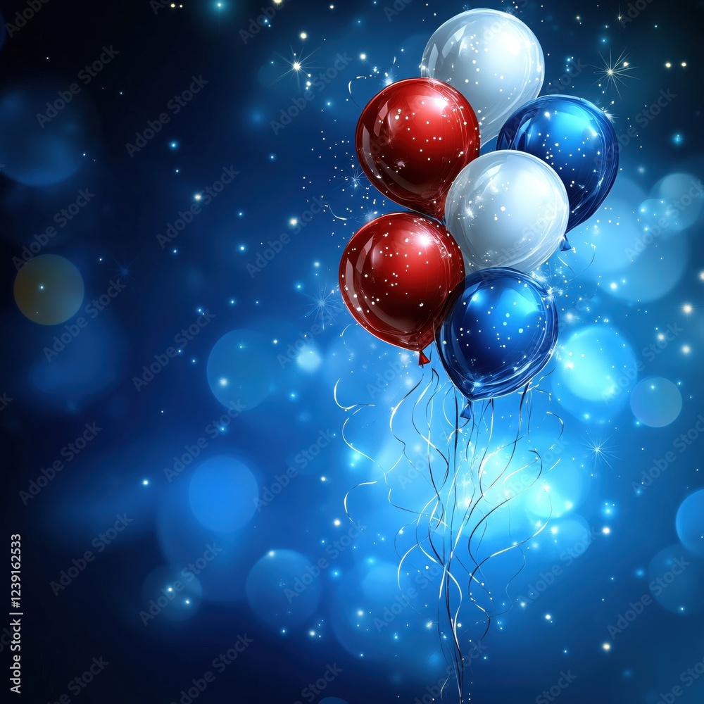 Festive balloons float against a deep blue backdrop with sparkling bokeh and light effects Festive balloons float against a deep blue backdrop with sparkling bokeh and light effects