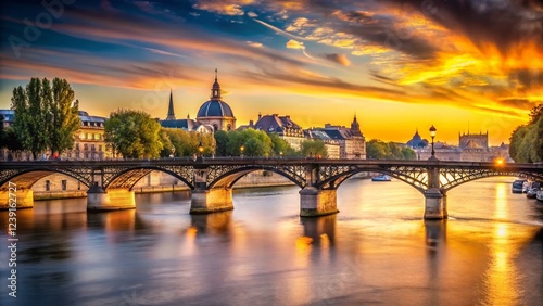 Parisian Bridge: Pont des Arts Seine River at Sunset - Romantic Cityscape Stock Photo photo