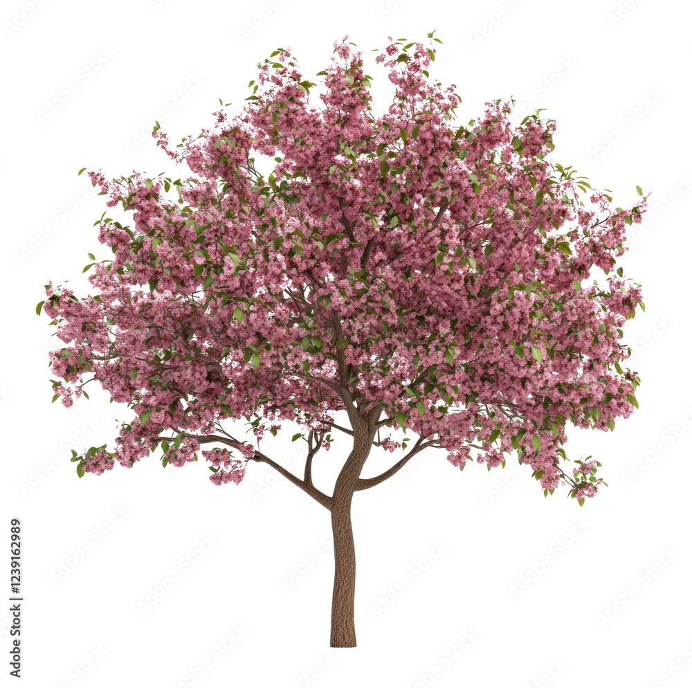 Obraz premium Lush Cherry Blossom Tree with Vibrant Pink Flowers and Green Leaves Isolated on Transparent Background, PNG, cutout