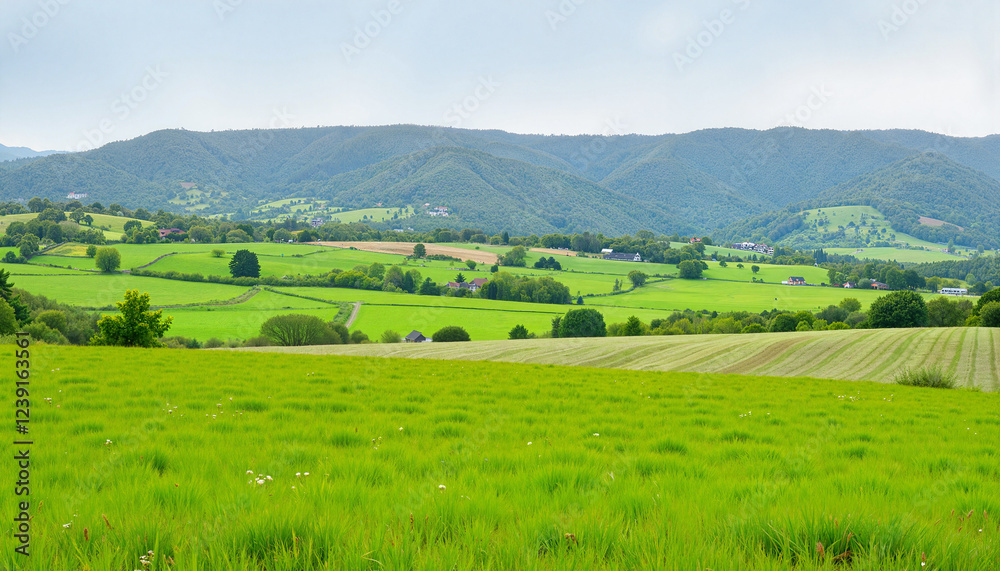 Obraz premium Lush green agricultural landscape with rolling hills, sustainable farming