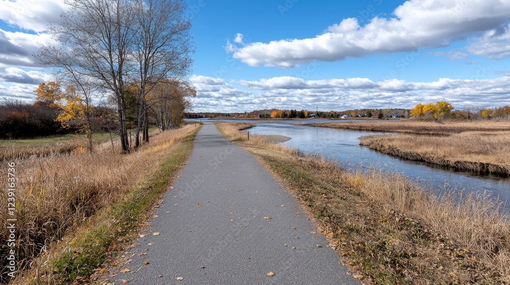 Fototapeta premium Autumnal riverside path, scenic walking trail, fall foliage background, nature photography
