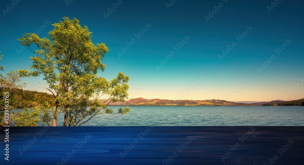 Serene lake view with a tree and clear blue sky, perfect for relaxation
