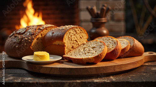 Artisanal Broa bread slices on wooden board by cozy hearth, warmth photo