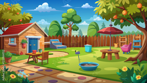 Illustration of a sunny backyard with a small house, garden, picnic table, trees, and toys, creating a cheerful and family-friendly outdoor space