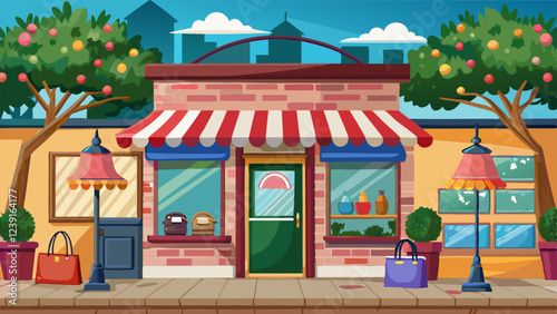 Illustration of a charming boutique with striped awnings, display windows featuring handbags and decor, surrounded by trees and street lamps in a lively urban setting